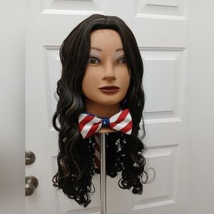 Dark Brown Curly Q Ringlet Curl  Caramel Highlights Synthetic Hair Wig 22in Long